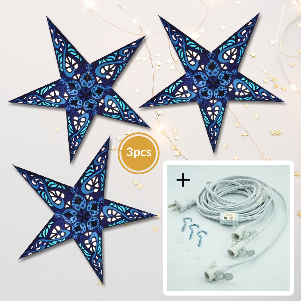 3-PACK + Cord | Blue Trance 24&quot; Illuminated Paper Star Lanterns and Lamp Cord Hanging Decorations - PaperLanternStore.com - Paper Lanterns, Decor, Party Lights &amp; More