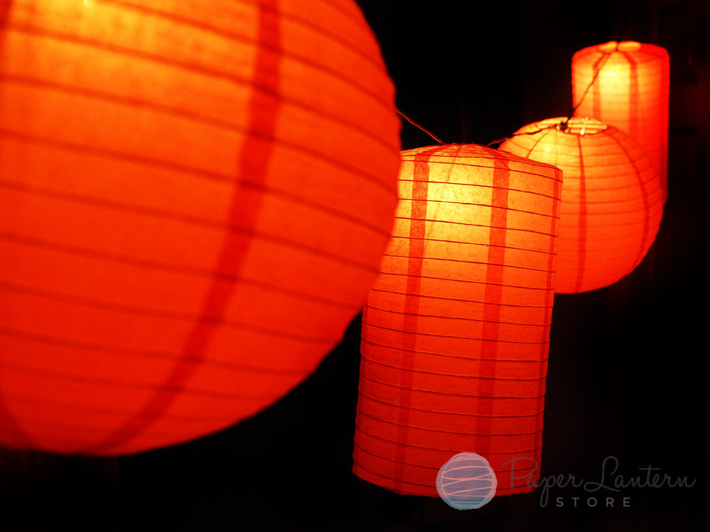 8&quot; Chinese New Year Round &amp; Cylinder Paper Lantern String Light COMBO Kit (12 FT, EXPANDABLE, Black Cord) - PaperLanternStore.com - Paper Lanterns, Decor, Party Lights &amp; More