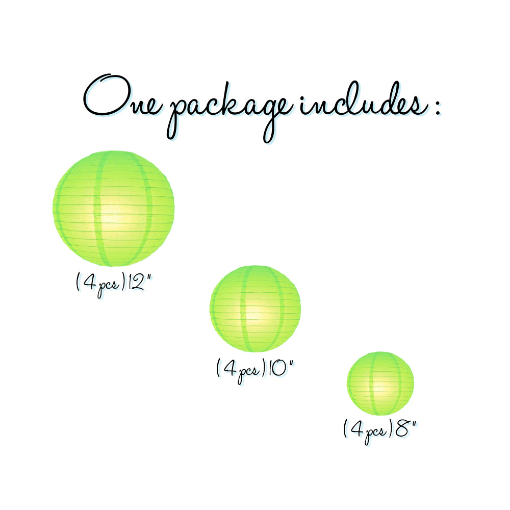 12-PC Light Lime Green Paper Lantern Chinese Hanging Wedding &amp; Party Assorted Decoration Set, 12/10/8-Inch - PaperLanternStore.com - Paper Lanterns, Decor, Party Lights &amp; More