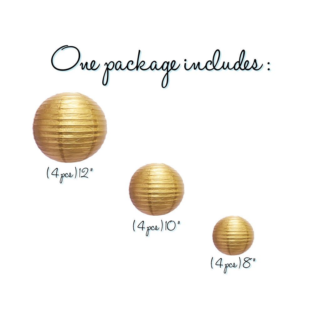 12-PC Gold Paper Lantern Chinese Hanging Wedding &amp; Party Assorted Decoration Set, 12/10/8-Inch - PaperLanternStore.com - Paper Lanterns, Decor, Party Lights &amp; More