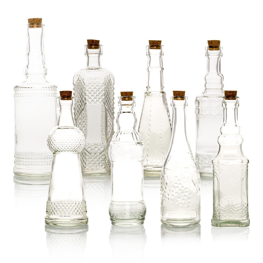 8pc Clear Vintage Glass Wedding Bottle Set, Assorted Wedding Table and Centerpiece Display - PaperLanternStore.com - Paper Lanterns, Decor, Party Lights & More