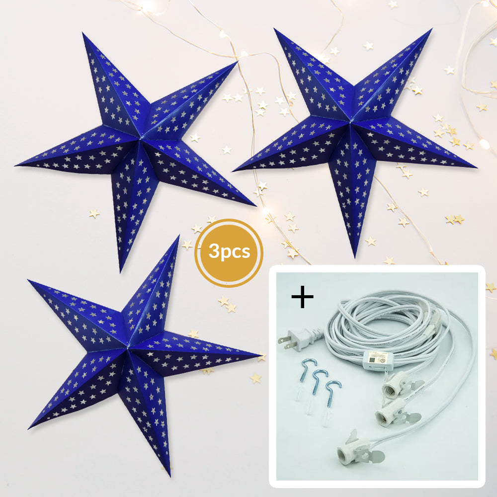 3-PACK + Cord | Dark Blue Starry Night 24" Illuminated Paper Star Lanterns and Lamp Cord Hanging Decorations - PaperLanternStore.com - Paper Lanterns, Decor, Party Lights & More