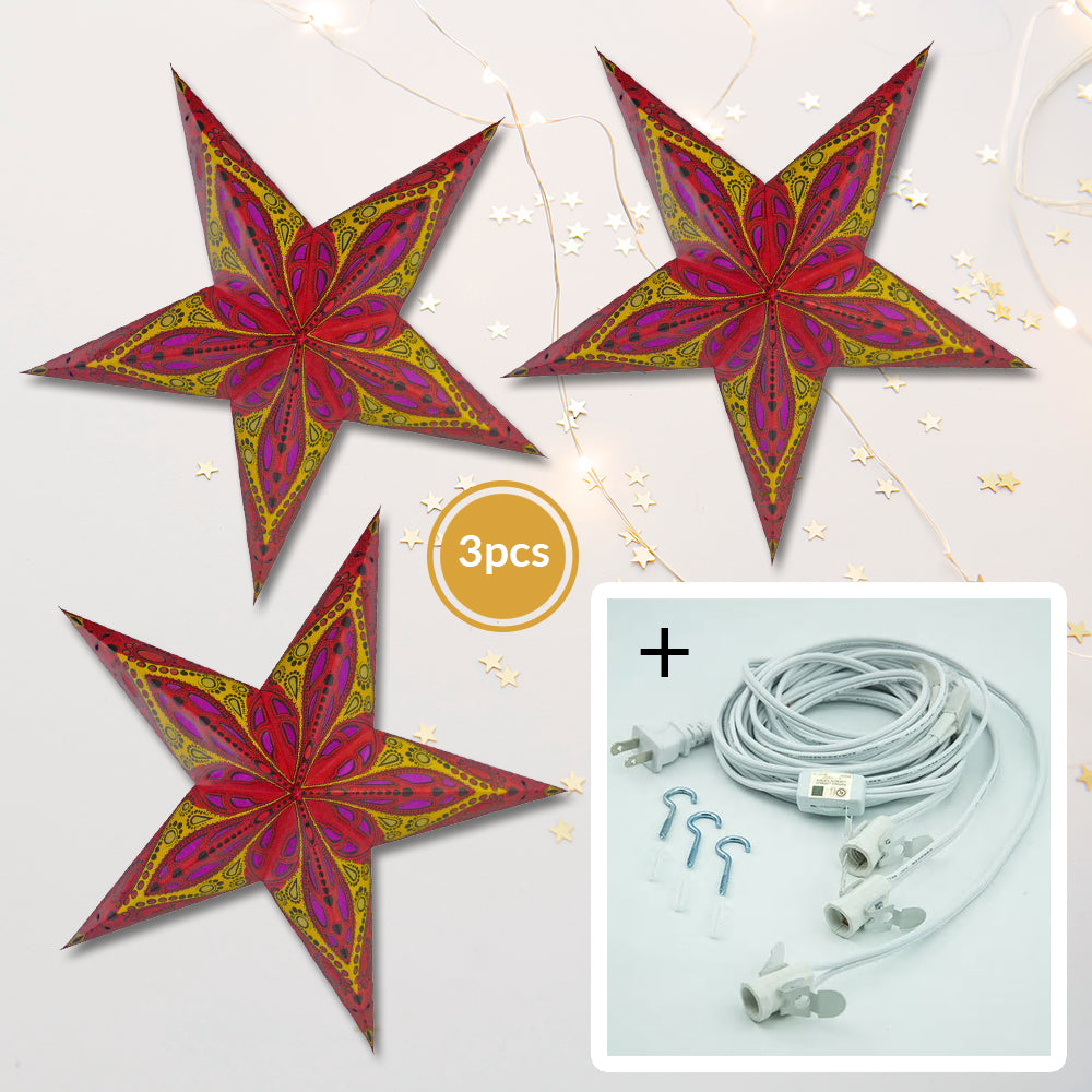 3-PACK + Cord | Red Dahlia 24&quot; Illuminated Paper Star Lanterns and Lamp Cord Hanging Decorations - PaperLanternStore.com - Paper Lanterns, Decor, Party Lights &amp; More