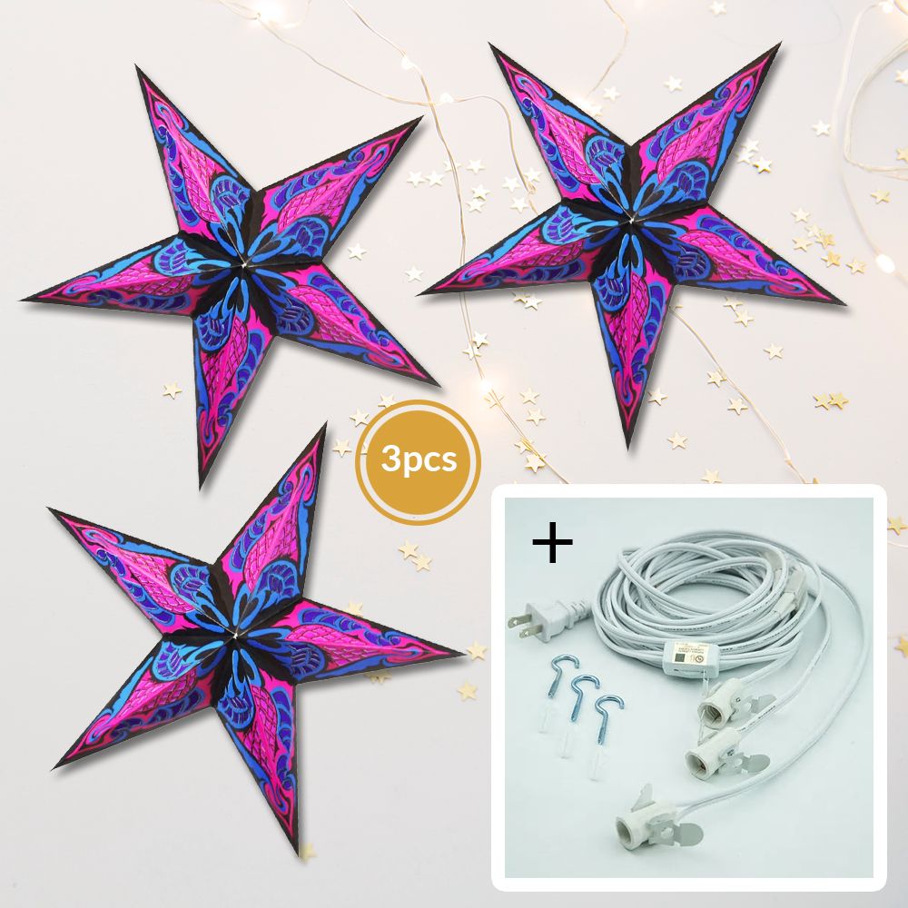 3-PACK + Cord | Fuchsia Pink Flame 24&quot; Illuminated Paper Star Lanterns and Lamp Cord Hanging Decorations - PaperLanternStore.com - Paper Lanterns, Decor, Party Lights &amp; More