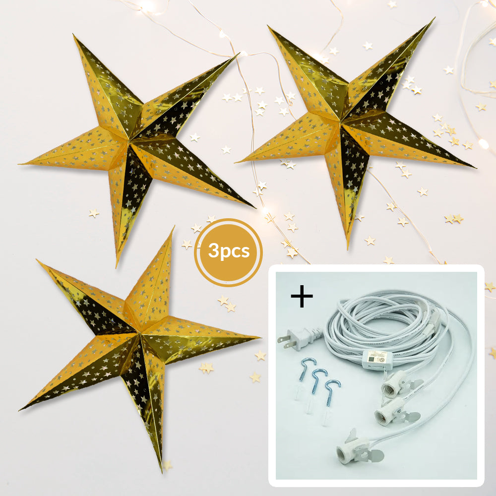 3-PACK + Cord | Gold Starry Night 26" Illuminated Paper Star Lanterns and Lamp Cord Hanging Decorations - PaperLanternStore.com - Paper Lanterns, Decor, Party Lights & More