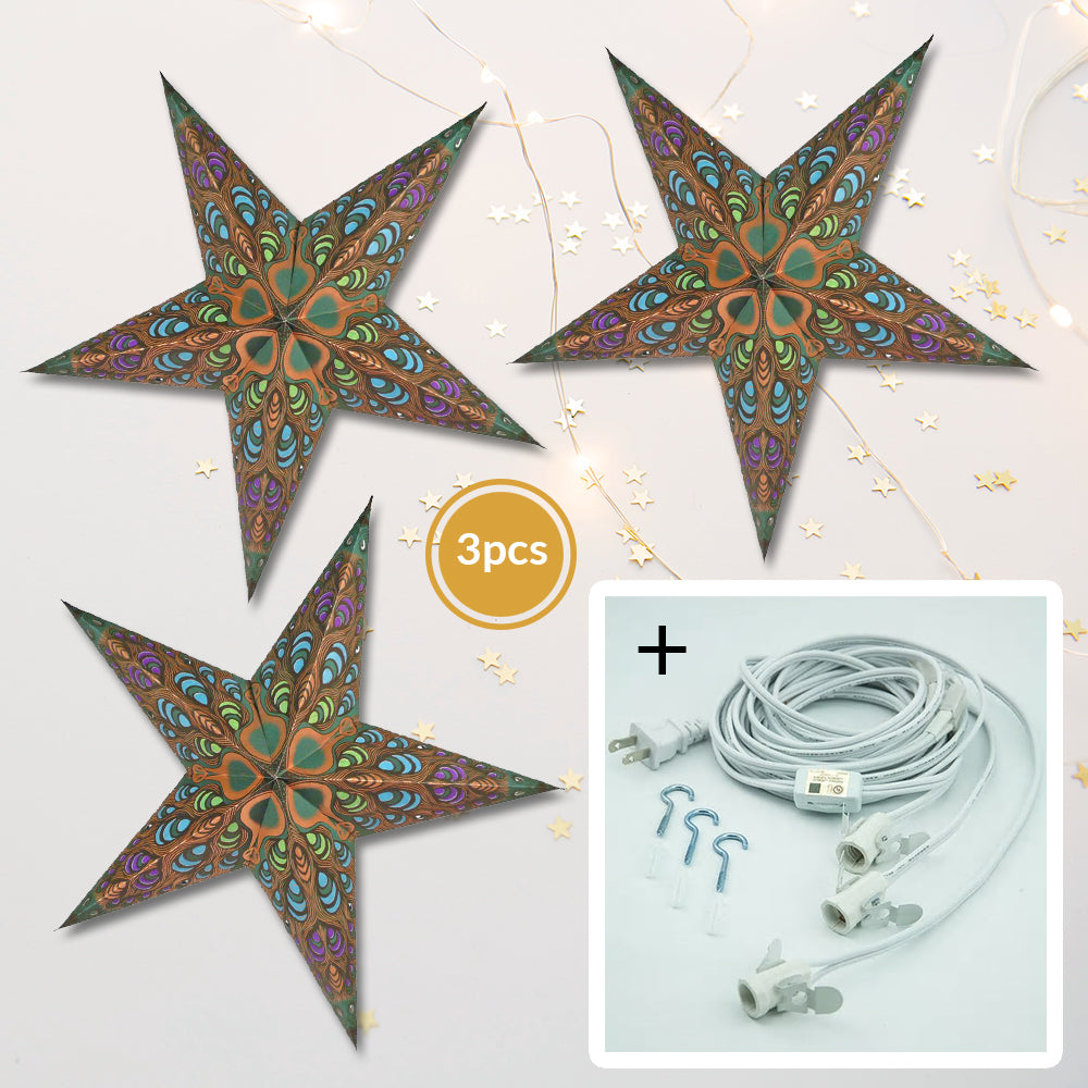 3-PACK + Cord | Gold Peacock 24&quot; Illuminated Paper Star Lanterns and Lamp Cord Hanging Decorations - PaperLanternStore.com - Paper Lanterns, Decor, Party Lights &amp; More