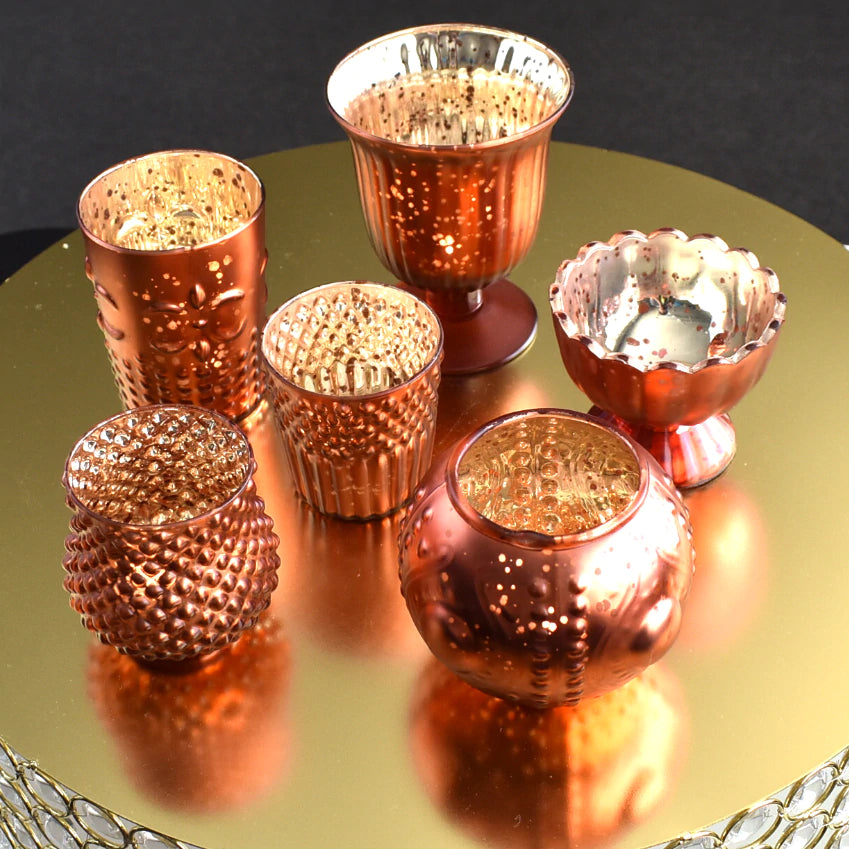 Vintage Glam Rustic Copper Red Mercury Glass Tea Light Votive Candle Holders (6 PACK, Assorted Designs and Sizes) - PaperLanternStore.com - Paper Lanterns, Decor, Party Lights & More
