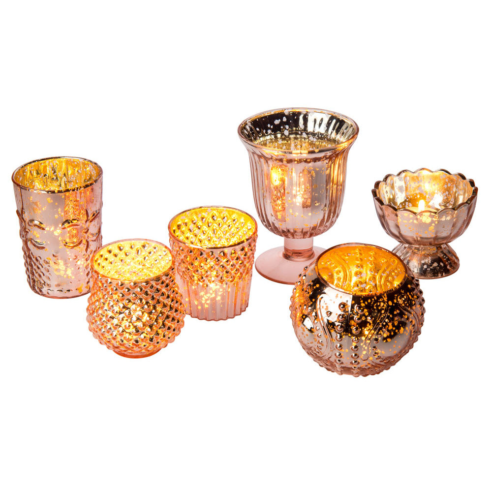 Vintage Glam Rose Gold Pink Mercury Glass Tea Light Votive Candle Holders (6 PACK, Assorted Designs and Sizes) - PaperLanternStore.com - Paper Lanterns, Decor, Party Lights &amp; More