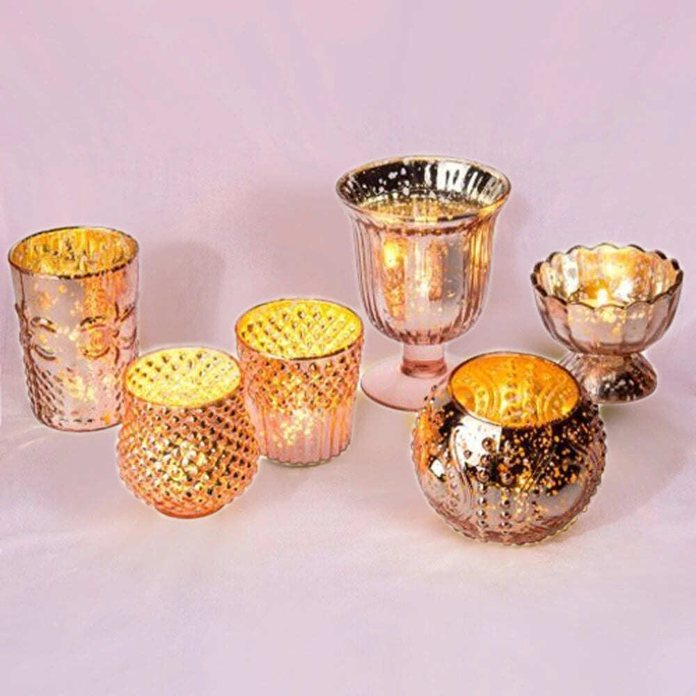 Vintage Glam Rose Gold Pink Mercury Glass Tea Light Votive Candle Holders (6 PACK, Assorted Designs and Sizes) - PaperLanternStore.com - Paper Lanterns, Decor, Party Lights &amp; More