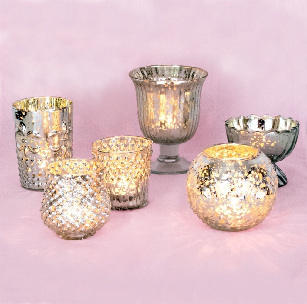 Vintage Glam Silver Mercury Glass Tea Light Votive Candle Holders (6 PACK, Assorted Designs and Sizes) - PaperLanternStore.com - Paper Lanterns, Decor, Party Lights & More