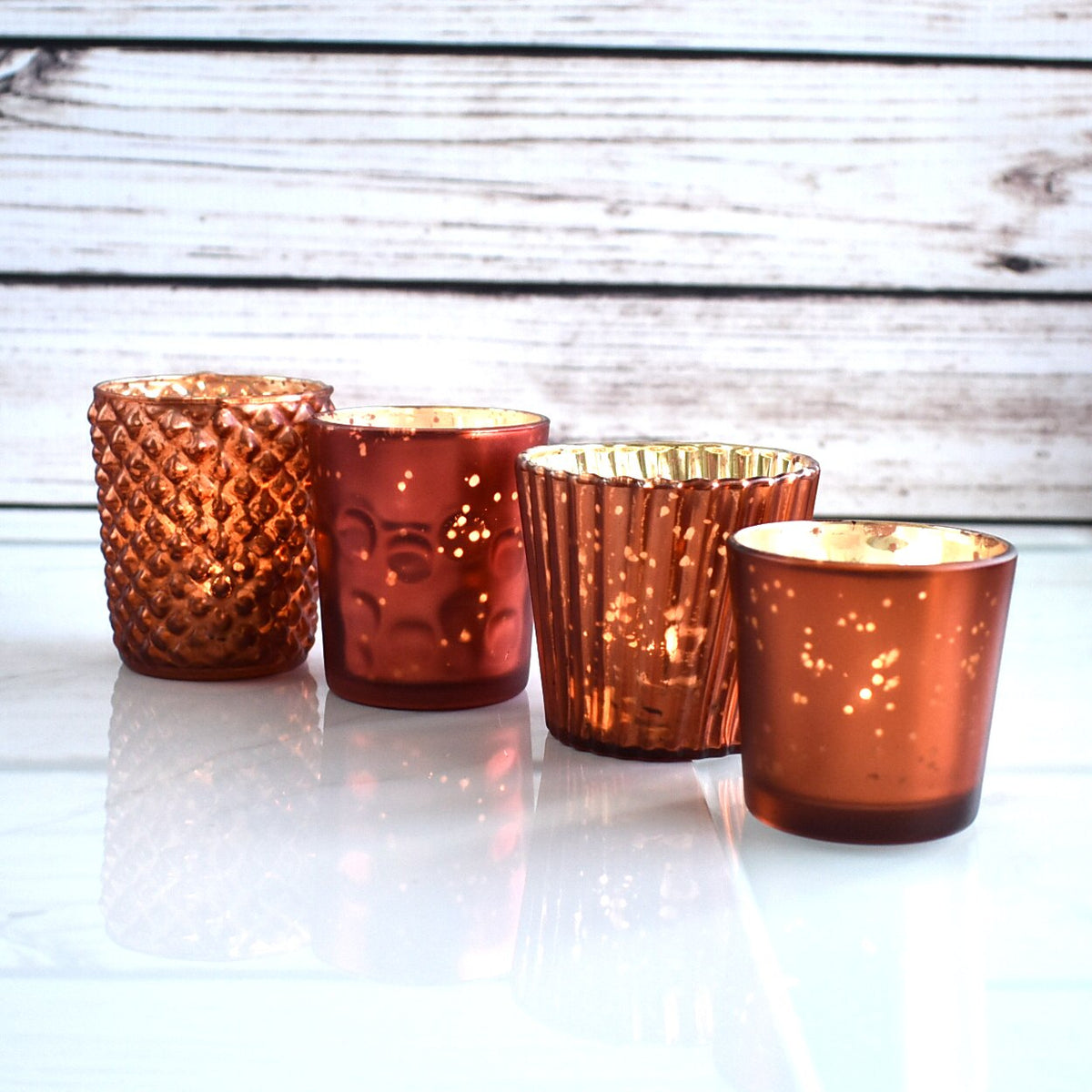 Best of Show Mercury Glass Tealight Votive Candle Holders (Rustic Copper Red, Set of 4, Assorted Styles) - for Weddings, Events, Parties, Home Decor - PaperLanternStore.com - Paper Lanterns, Decor, Party Lights &amp; More