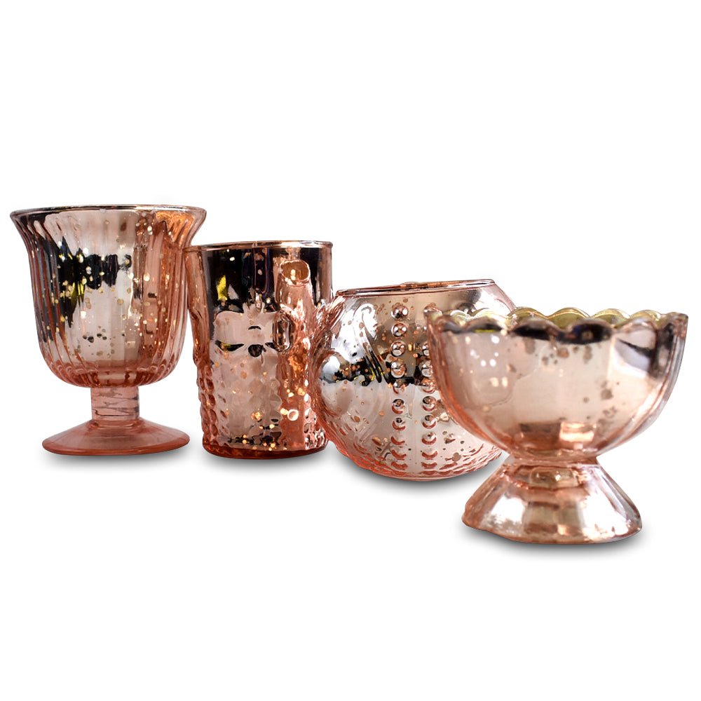 4 Pack | Vintage Glam Mercury Glass Tealight Votive Candle Holders (Rose Gold Pink, Assorted Designs and Sizes) - for Weddings, Events &amp; Home Décor - PaperLanternStore.com - Paper Lanterns, Decor, Party Lights &amp; More