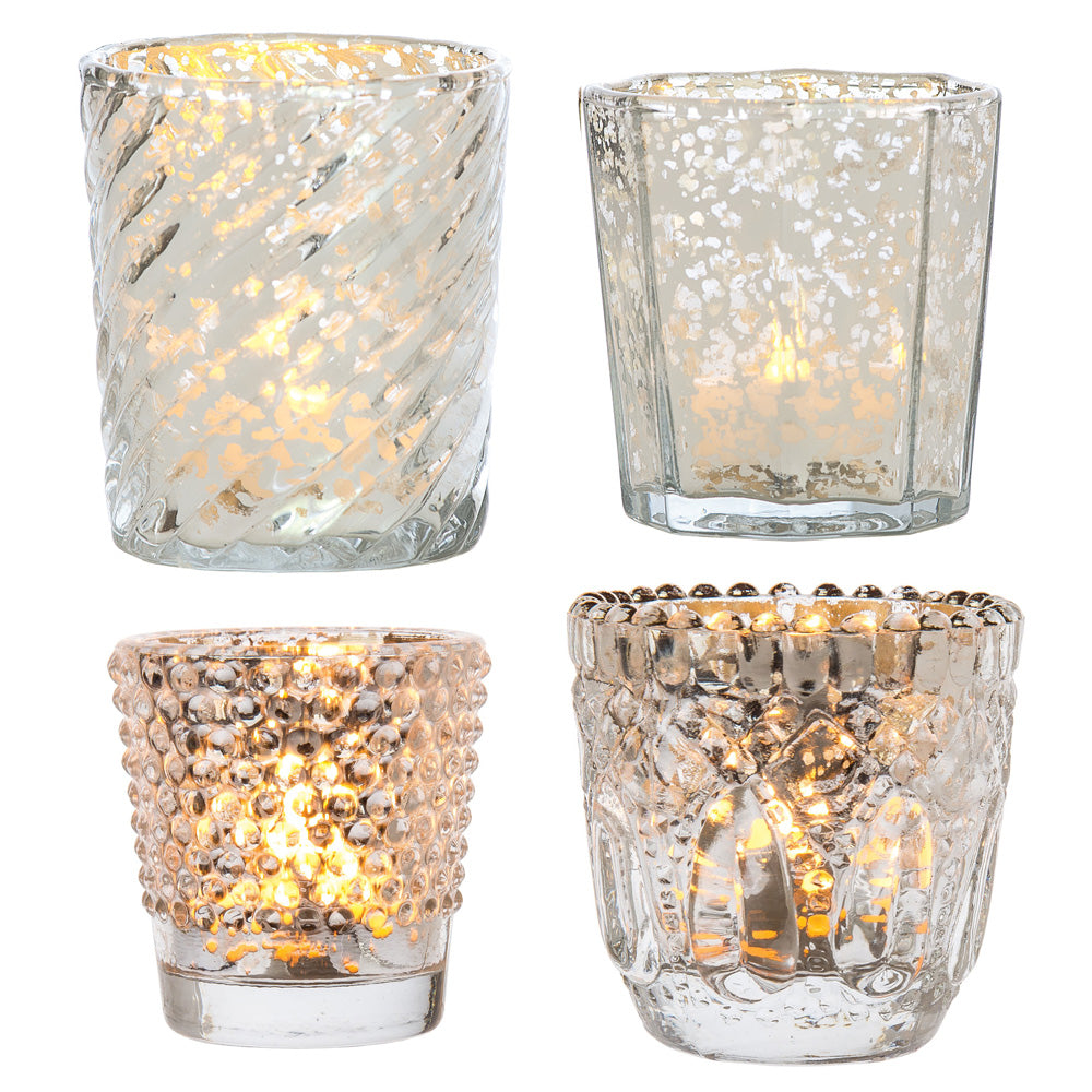 Vintage Chic Mercury Glass Tealight Votive Candle Holders (Silver, Set of 4, Assorted Designs and Sizes) - for Weddings, Events, Parties, and Home Décor, Ideal Housewarming Gift - PaperLanternStore.com - Paper Lanterns, Decor, Party Lights & More