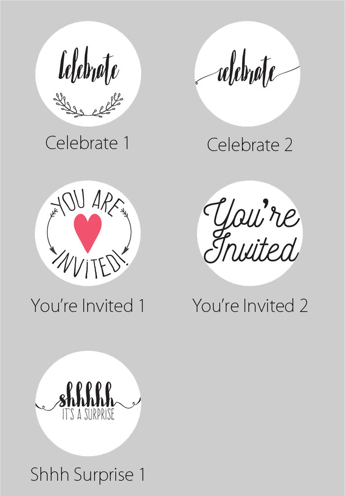 1.5 Inch Invitation Themed Circle Label Stickers for Party Favors &amp; Invitations (Pre-Set Designed, 24 Labels) - PaperLanternStore.com - Paper Lanterns, Decor, Party Lights &amp; More