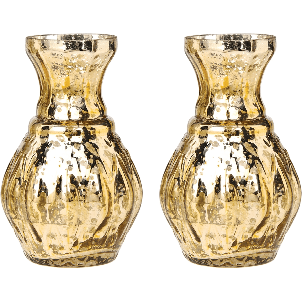 2 PACK | Vintage Mercury Glass Vase (4-Inch, Bernadette Mini Ribbed Design, Gold) - Decorative Flower Vase - For Home Decor and Wedding Centerpieces - PaperLanternStore.com - Paper Lanterns, Decor, Party Lights & More