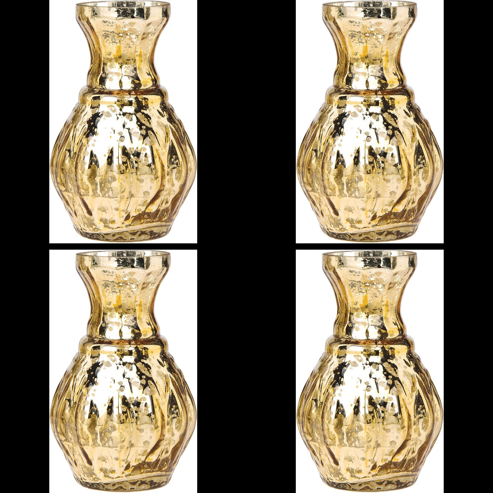 4 Pack | Vintage Mercury Glass Vase (4-Inch, Bernadette Mini Ribbed Design, Gold) - Decorative Flower Vase - For Home Decor and Wedding Centerpieces - PaperLanternStore.com - Paper Lanterns, Decor, Party Lights &amp; More