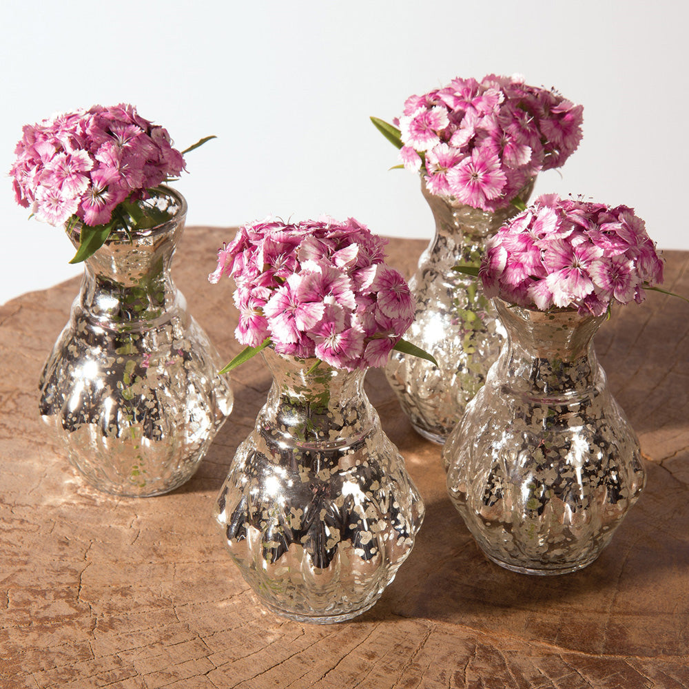 4 Pack | Vintage Mercury Glass Vase (4-Inch, Bernadette Mini Ribbed Design, Silver) - Decorative Flower Vase - For Home Decor and Wedding Centerpieces - PaperLanternStore.com - Paper Lanterns, Decor, Party Lights & More