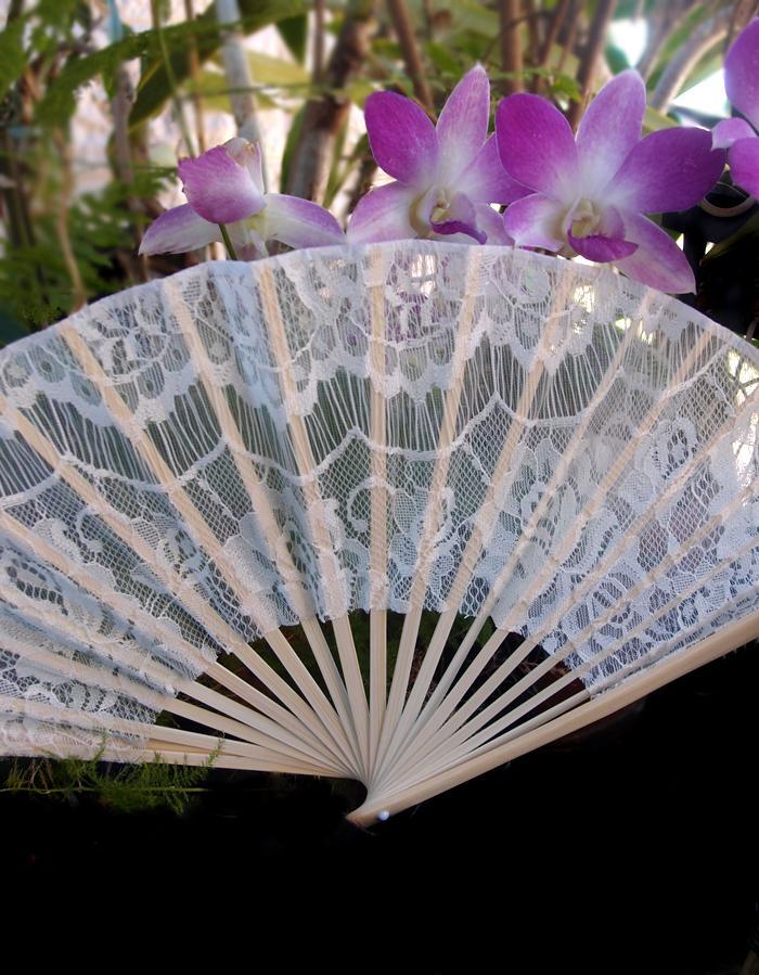 9" White Lace Fabric Bamboo Hand Fan for Weddings - PaperLanternStore.com - Paper Lanterns, Decor, Party Lights & More