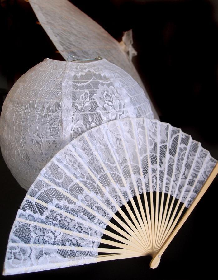 9&quot; White Lace Fabric Bamboo Hand Fan for Weddings - PaperLanternStore.com - Paper Lanterns, Decor, Party Lights &amp; More