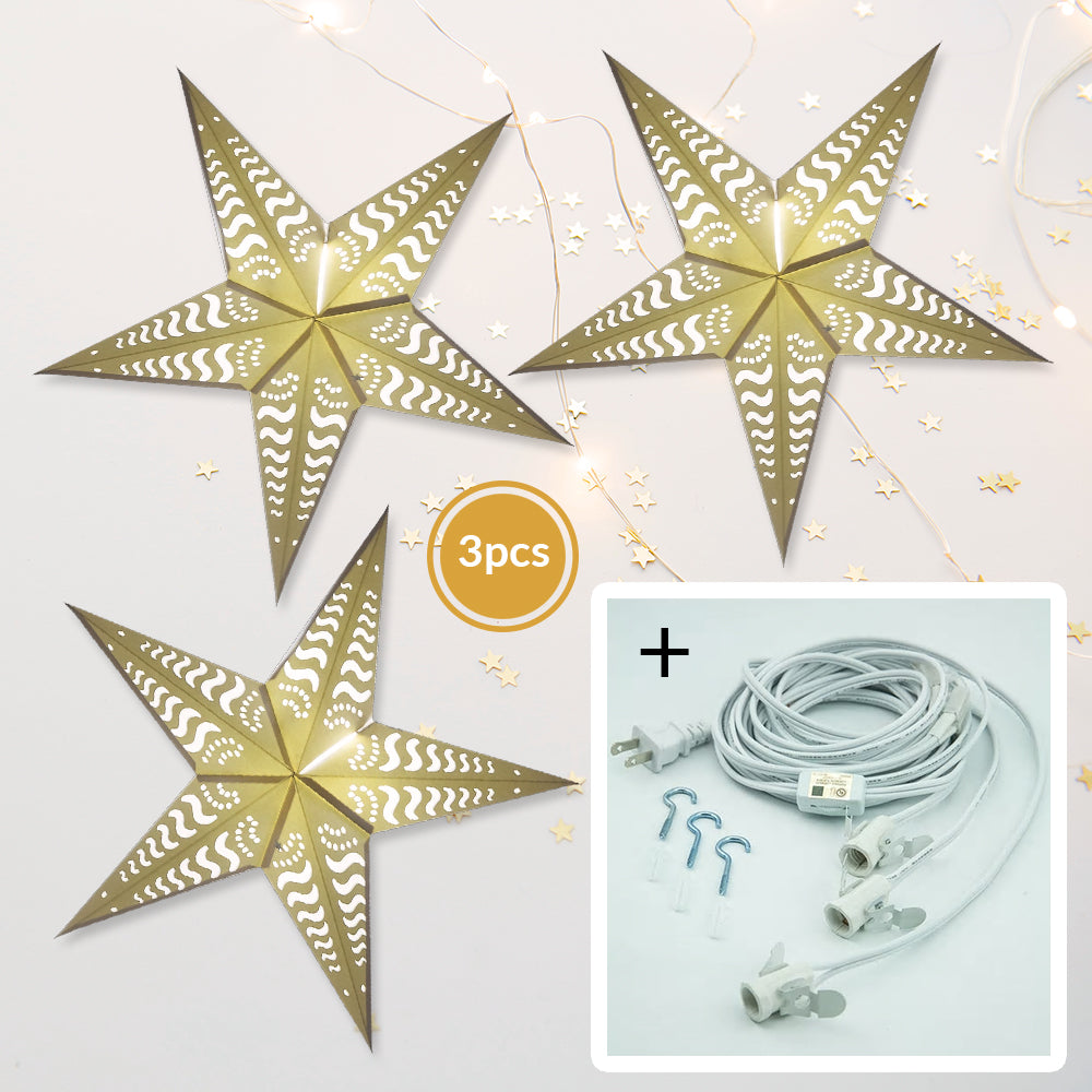 3-PACK + Cord | White Tidal Waves Cut-Out 24&quot; Illuminated Paper Star Lanterns and Lamp Cord Hanging Decorations - PaperLanternStore.com - Paper Lanterns, Decor, Party Lights &amp; More