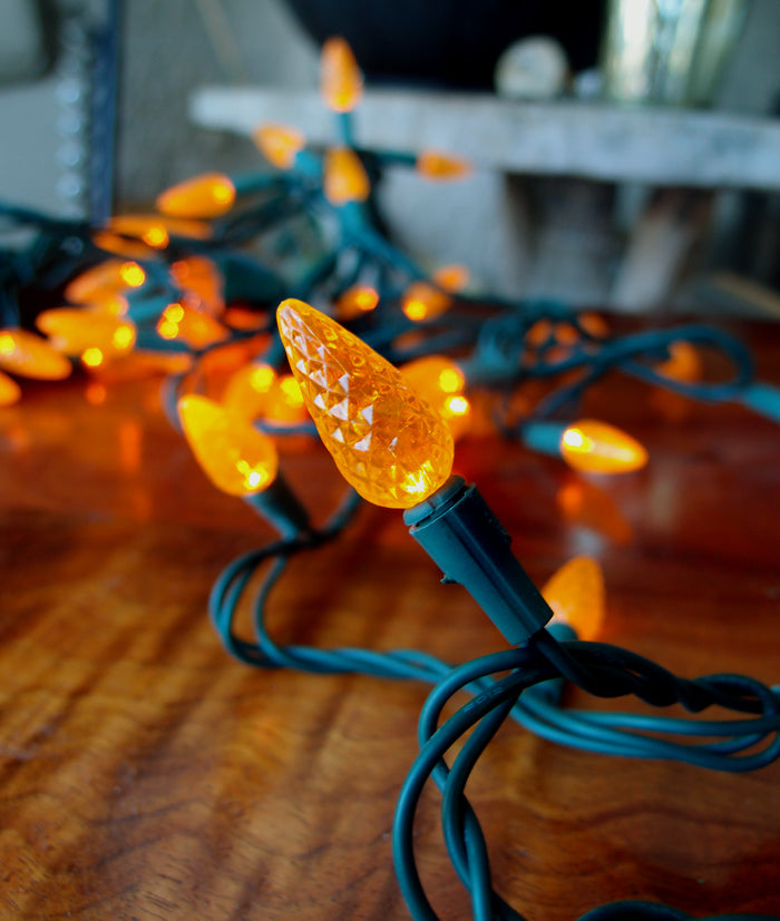 70 Outdoor Orange LED C6 Halloween String Lights, 24 FT Green Cord, Weatherproof, Expandable - PaperLanternStore.com - Paper Lanterns, Decor, Party Lights &amp; More