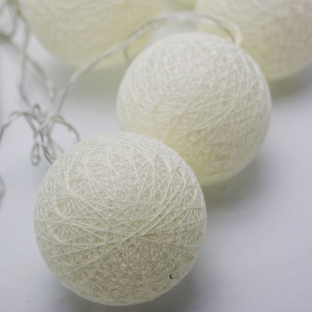 5.5 FT | 10 LED Battery Operated Beige Round Cotton Ball String Lights With Timer - PaperLanternStore.com - Paper Lanterns, Decor, Party Lights &amp; More