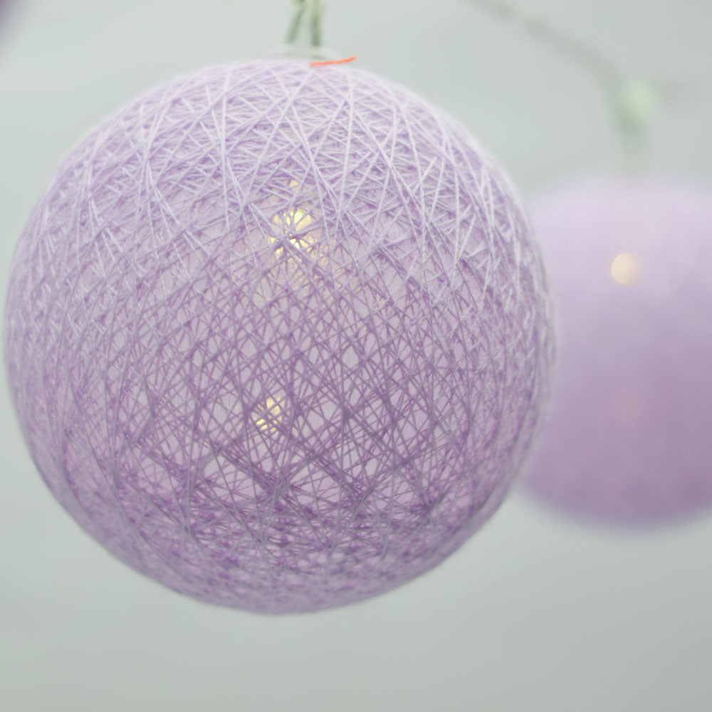 5.5 FT | 10 LED Battery Operated Lavender Round Cotton Ball String Lights With Timer - PaperLanternStore.com - Paper Lanterns, Decor, Party Lights &amp; More