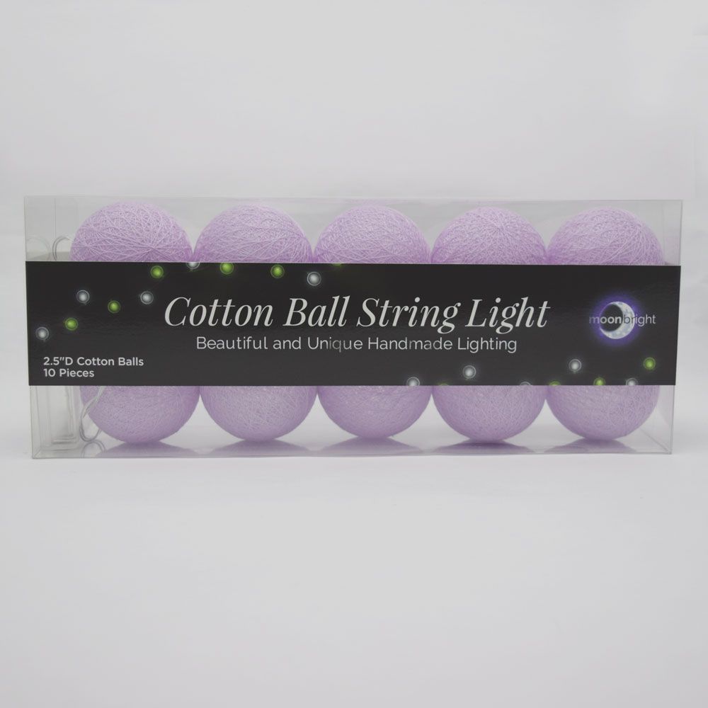 5.5 FT | 10 LED Battery Operated Lavender Round Cotton Ball String Lights With Timer - PaperLanternStore.com - Paper Lanterns, Decor, Party Lights &amp; More