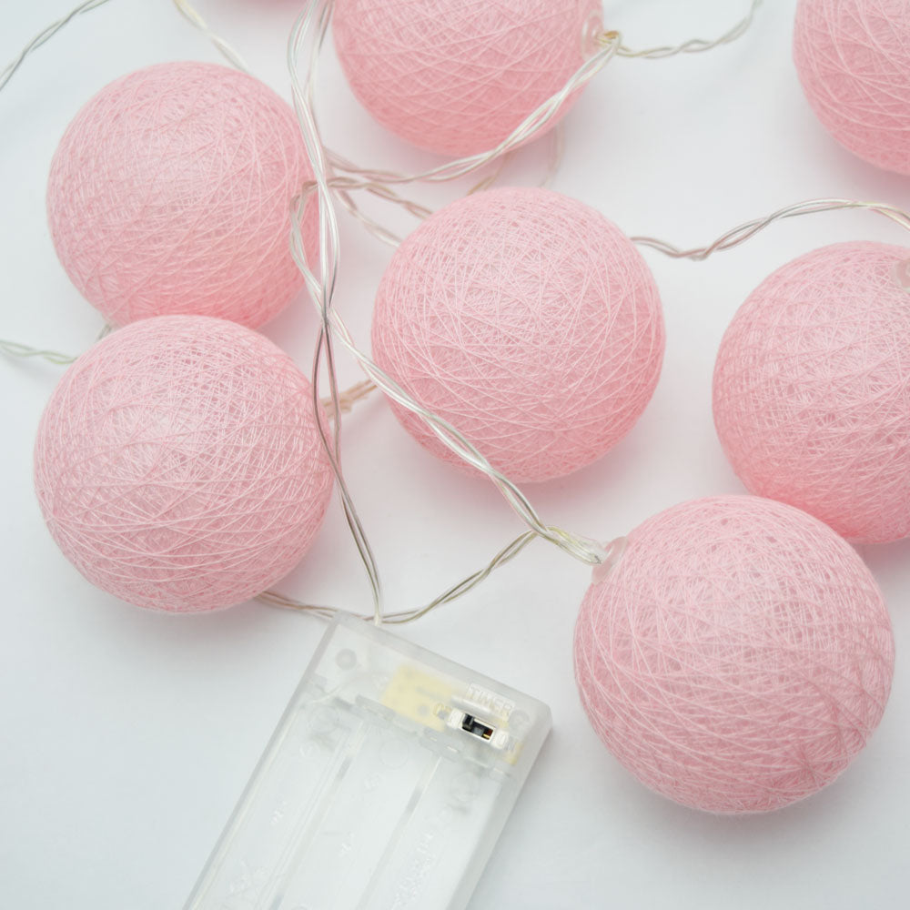 5.5 FT | 10 LED Battery Operated Pink Round Cotton Ball String Lights With Timer - PaperLanternStore.com - Paper Lanterns, Decor, Party Lights &amp; More