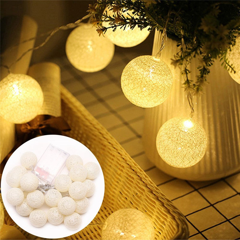 5.5 FT | 10 LED Battery Operated White Round Cotton Ball String Lights With Timer - PaperLanternStore.com - Paper Lanterns, Decor, Party Lights &amp; More