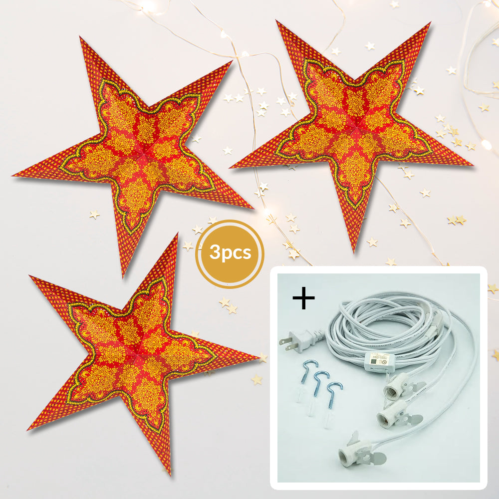 3-PACK + Cord | Arabian 24&quot; Illuminated Paper Star Lanterns and Lamp Cord Hanging Decorations - PaperLanternStore.com - Paper Lanterns, Decor, Party Lights &amp; More
