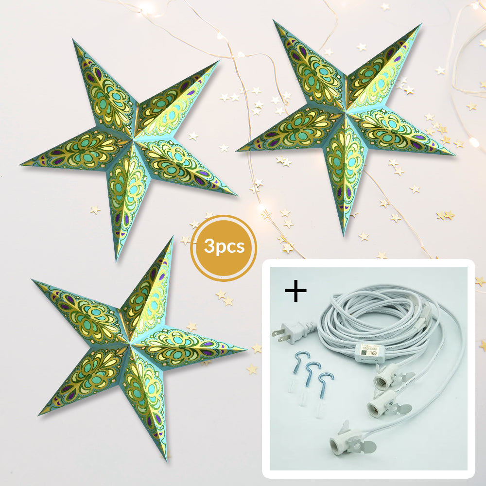 3-PACK + Cord | Green / Turquoise Merry Glitter 24" Illuminated Paper Star Lanterns and Lamp Cord Hanging Decorations - PaperLanternStore.com - Paper Lanterns, Decor, Party Lights & More