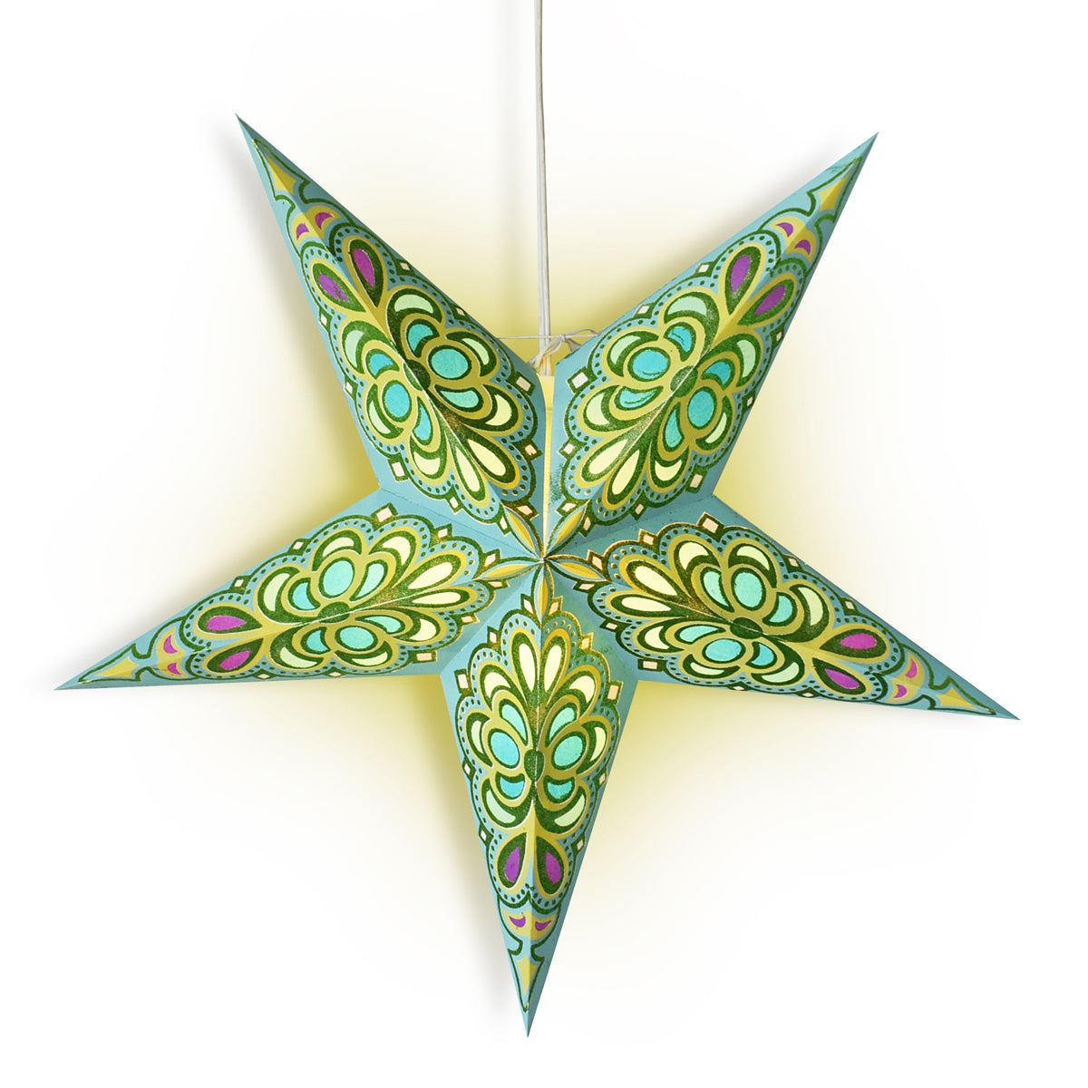 3-PACK + Cord | Green / Turquoise Merry Glitter 24&quot; Illuminated Paper Star Lanterns and Lamp Cord Hanging Decorations - PaperLanternStore.com - Paper Lanterns, Decor, Party Lights &amp; More