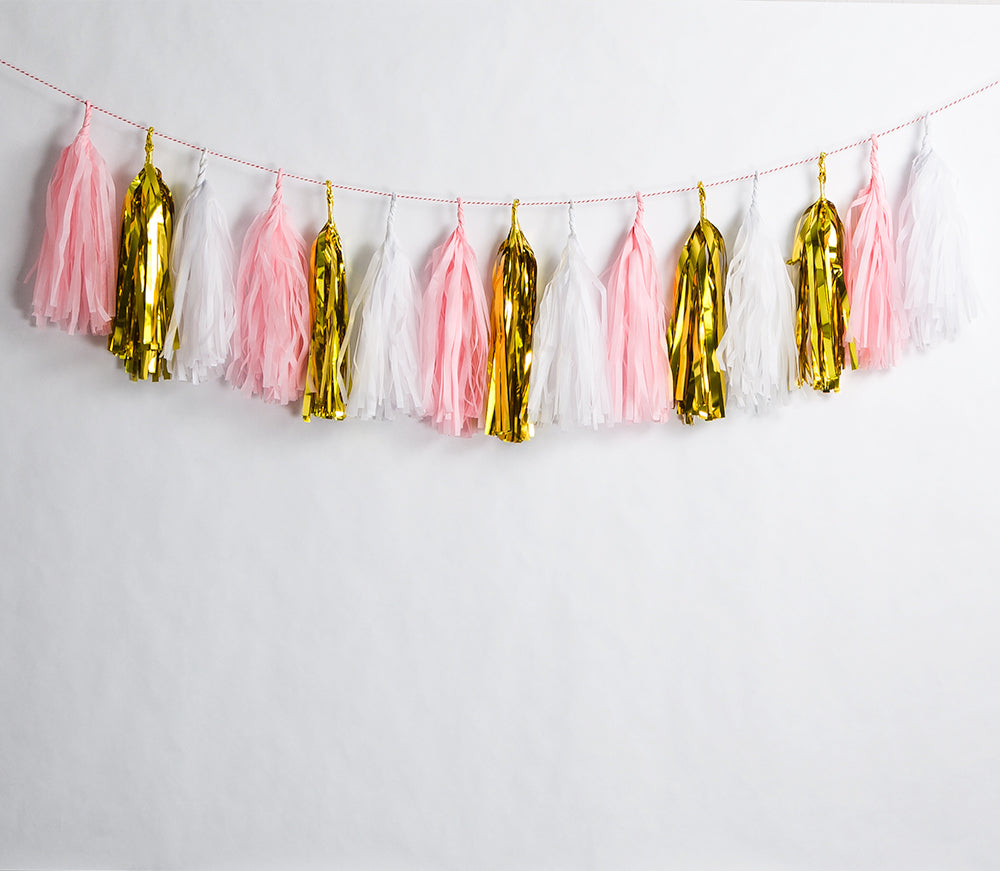 Metallic Pink / Gold Tissue Paper Tassel Garland Kit (15-PACK) - PaperLanternStore.com - Paper Lanterns, Decor, Party Lights &amp; More