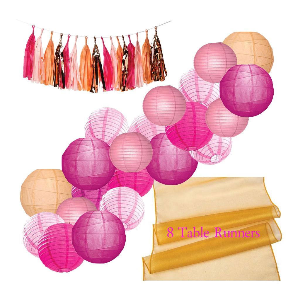 Peony Pinks Party Decoration Kit - Includes Garland, Table Runners and Paper Lanterns - PaperLanternStore.com - Paper Lanterns, Decor, Party Lights &amp; More