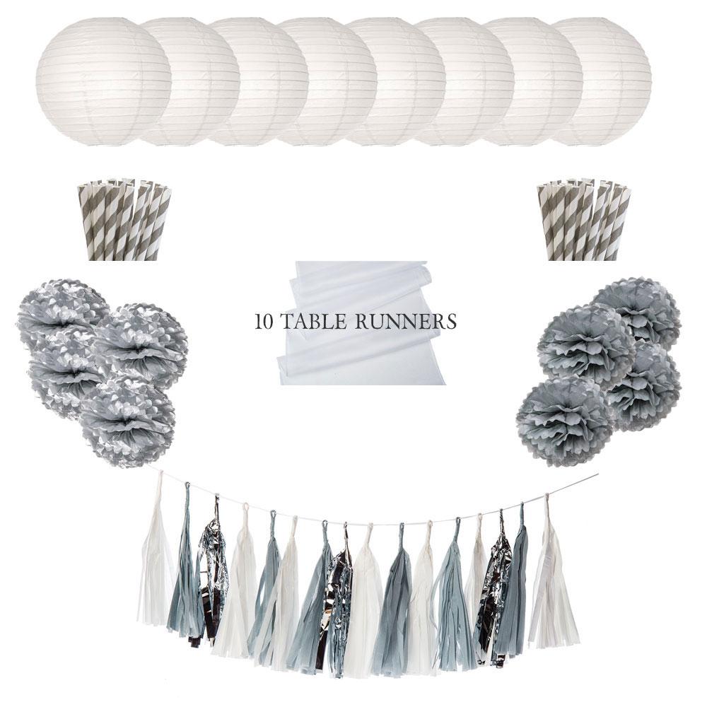 Silver Lining Party Decoration Kit - Includes Garland, Table Runners, Paper Straws and Paper Pompoms - PaperLanternStore.com - Paper Lanterns, Decor, Party Lights & More