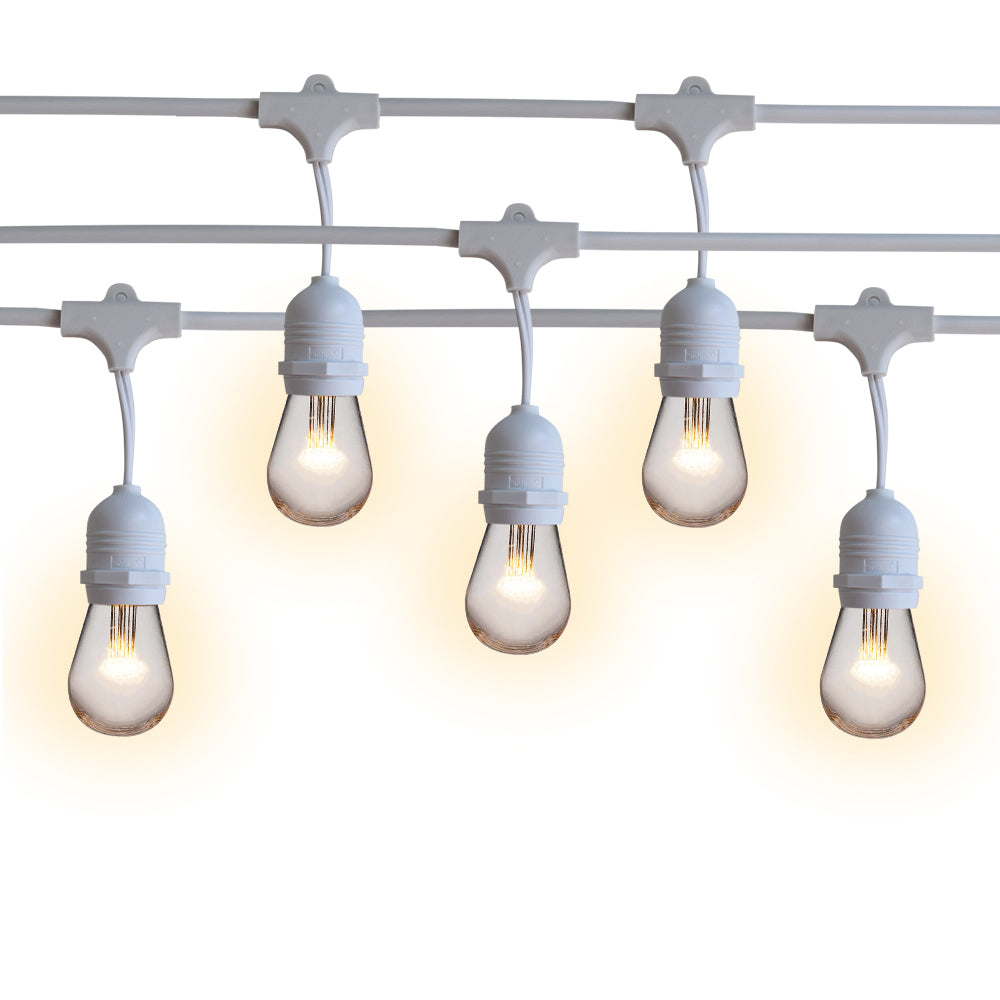 24 Suspended Socket Outdoor Commercial String Light Set, 54 FT White Cord w/ 0.8-Watt Shatterproof LED Bulbs, Weatherproof SJTW