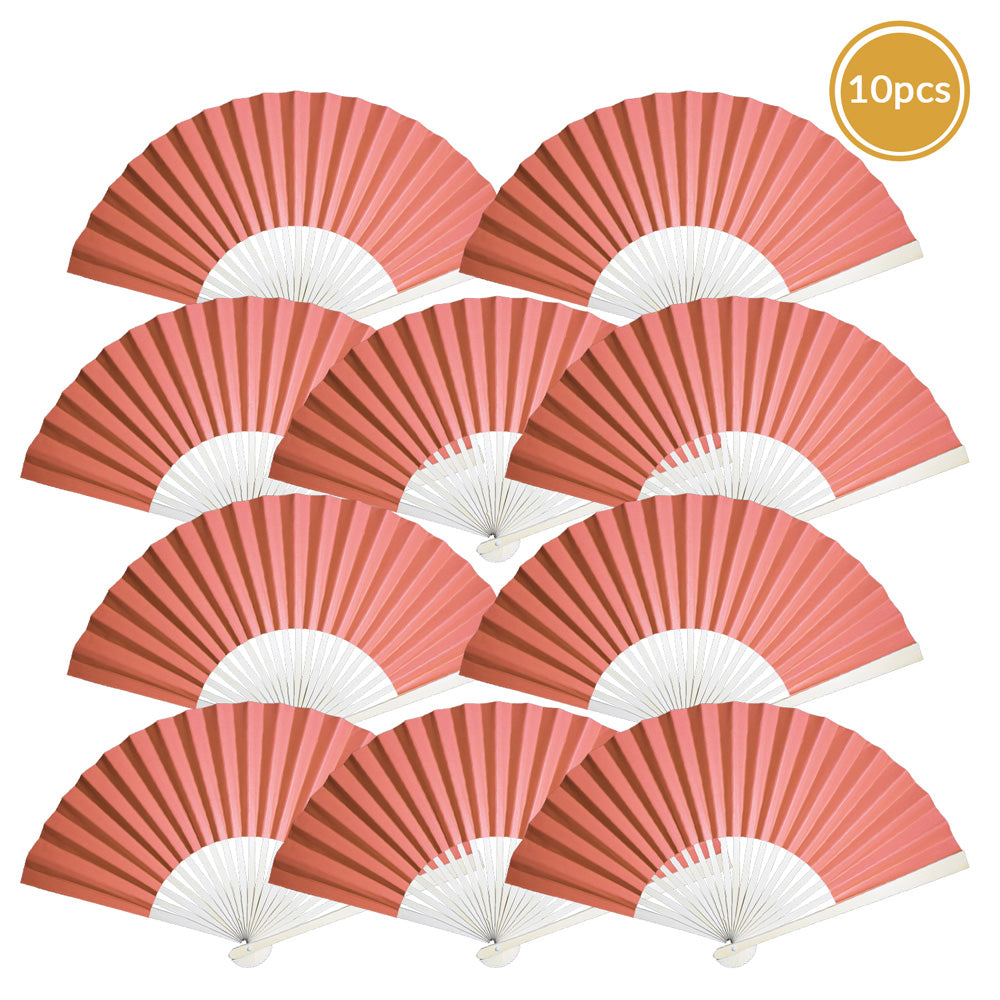 9&quot; Roseate / Pink Coral Paper Hand Fans for Weddings, Premium Paper Stock (10 Pack) - PaperLanternStore.com - Paper Lanterns, Decor, Party Lights &amp; More