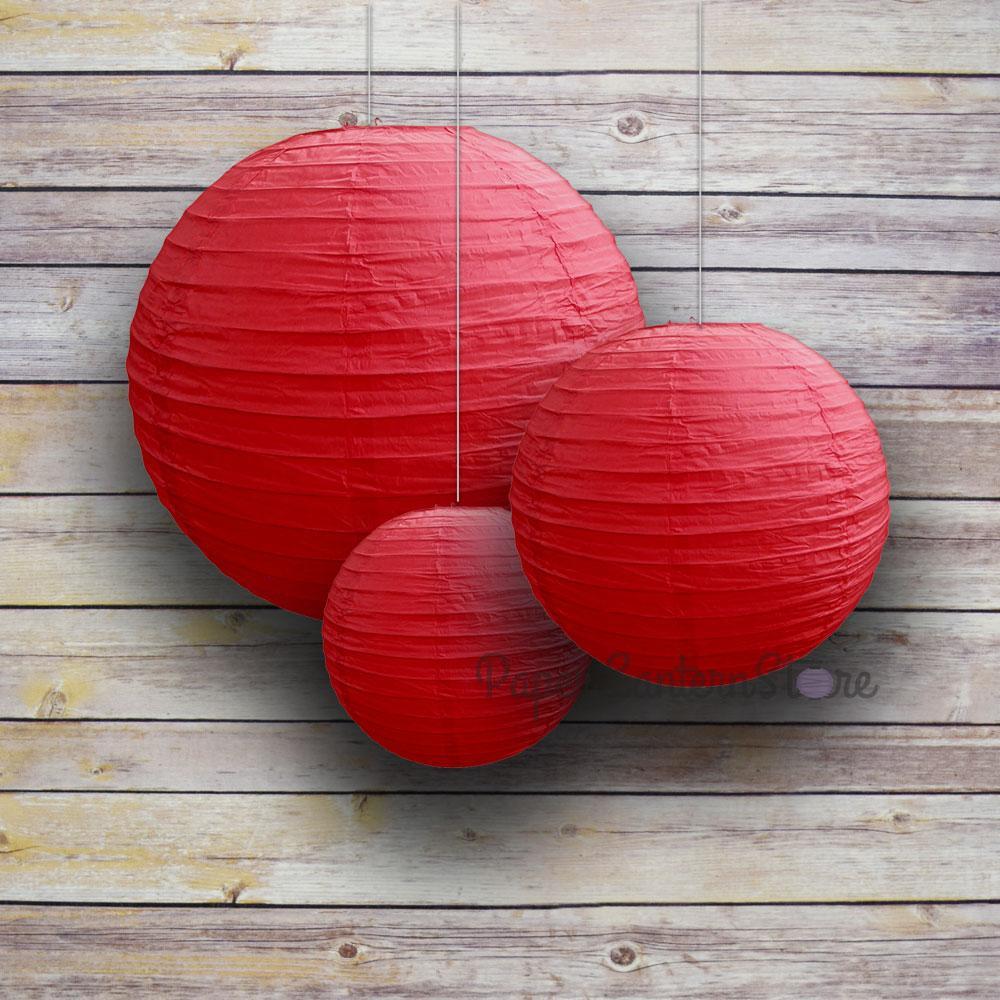 8/12/16" Red Round Paper Lanterns, Even Ribbing (3-Pack Cluster) - PaperLanternStore.com - Paper Lanterns, Decor, Party Lights & More
