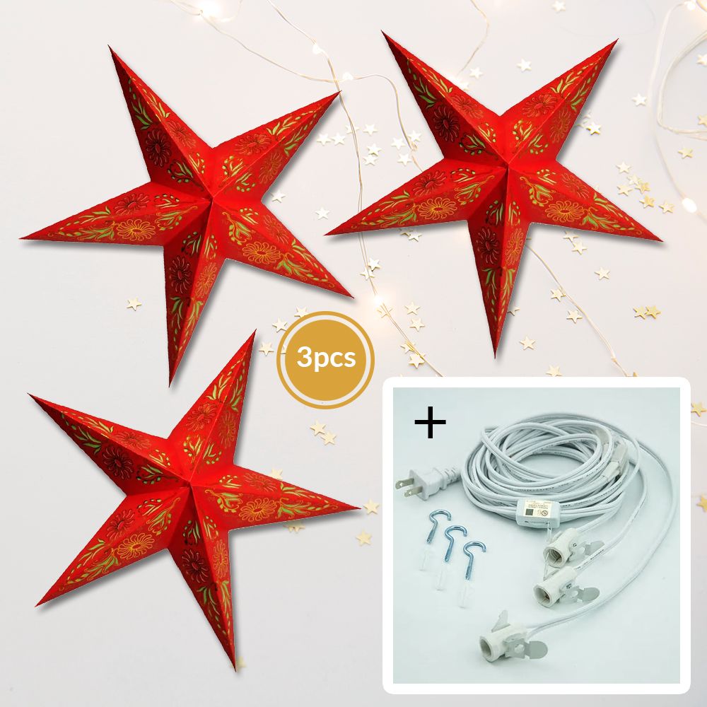 3-PACK + Cord | Red Daisy 24&quot; Illuminated Paper Star Lanterns and Lamp Cord Hanging Decorations - PaperLanternStore.com - Paper Lanterns, Decor, Party Lights &amp; More
