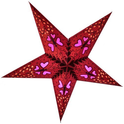 3-PACK + Cord | Red Butterfly and Hearts 24&quot; Illuminated Paper Star Lanterns and Lamp Cord Hanging Decorations - PaperLanternStore.com - Paper Lanterns, Decor, Party Lights &amp; More