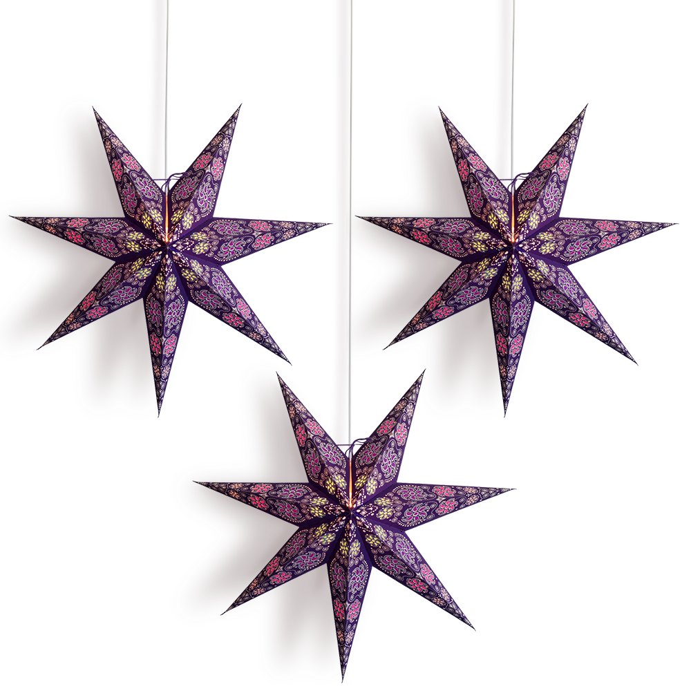 3-PACK + CORD + BULBS | 24&quot; Purple Winds 7-Point Paper Star Lantern and Lamp Cord Hanging Decoration