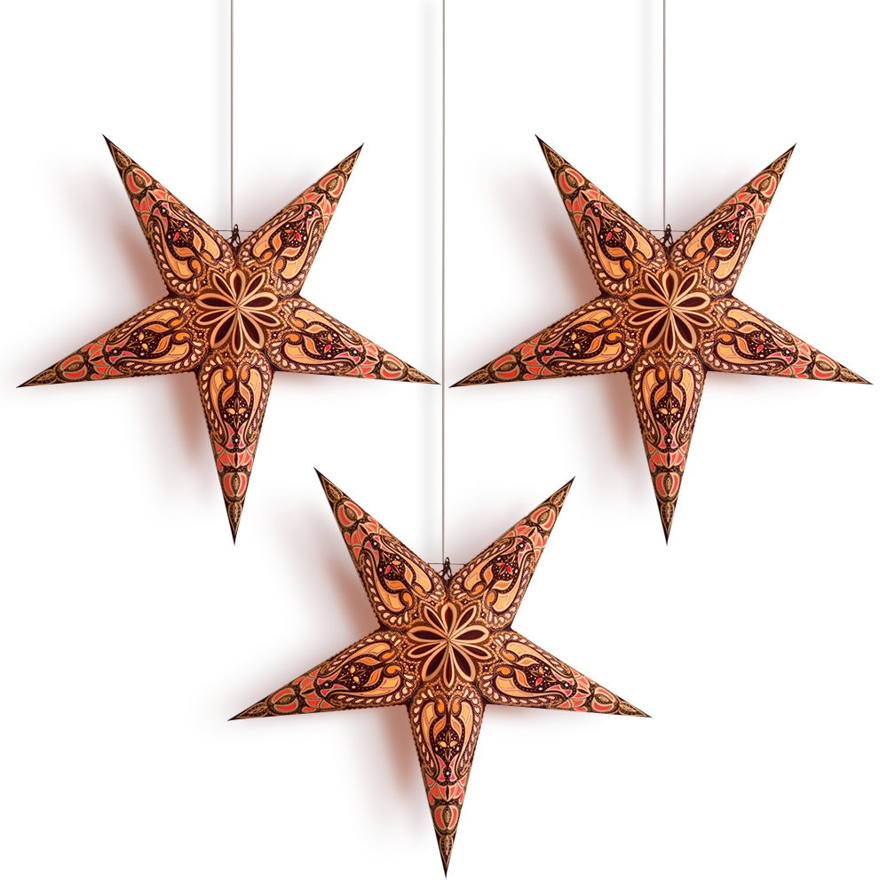 3-PACK + CORD + BULBS | 24" Brown Alaskan Glitter Paper Star Lantern and Lamp Cord Hanging Decoration