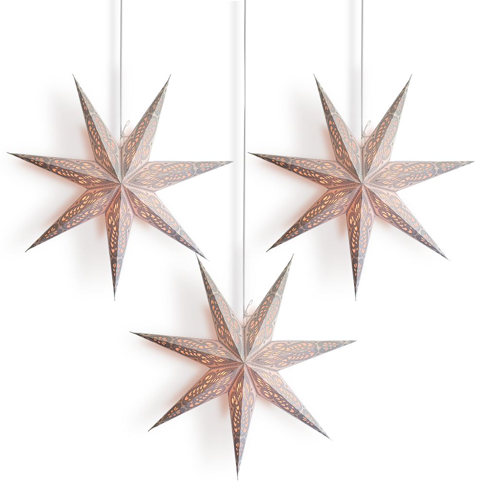 3-PACK + CORD + BULBS | White Grey Peacock 24" Illuminated 7-Point Paper Star Lanterns and Lamp Cord Hanging Decorations