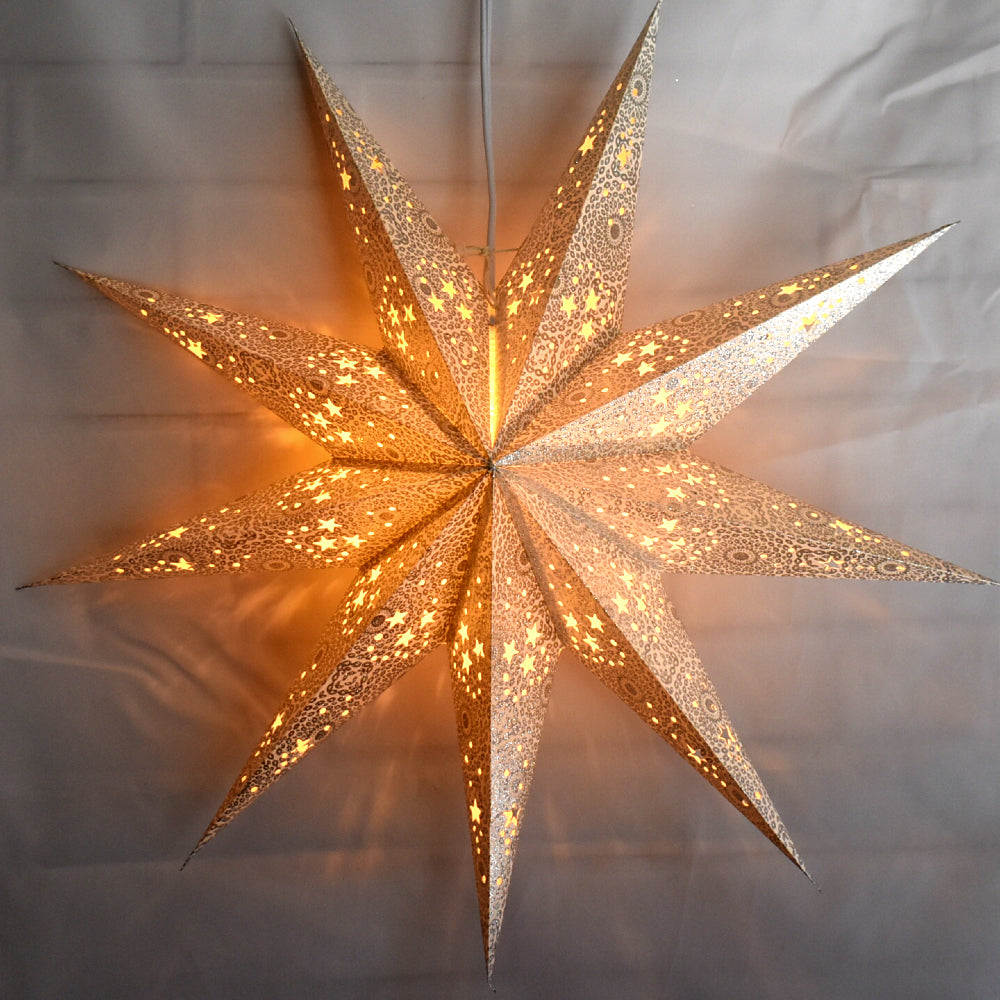 3-PACK + Cord | 9 Point Silver Diamonds Glitter 24&quot; Illuminated Paper Star Lanterns and Lamp Cord Hanging Decorations - PaperLanternStore.com - Paper Lanterns, Decor, Party Lights &amp; More