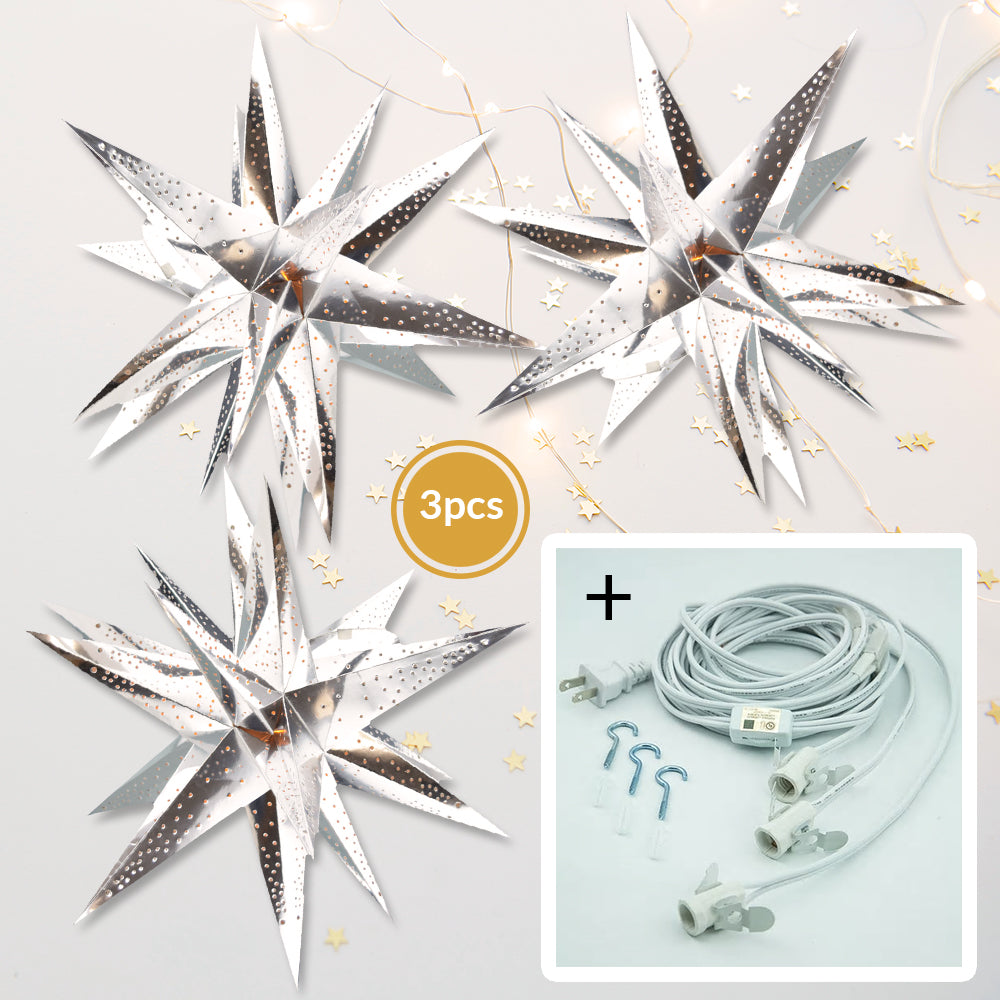 3-PACK + Cord | Silver Moravian Multi-Point 24&quot; Illuminated Paper Star Lanterns and Lamp Cord Hanging Decorations - PaperLanternStore.com - Paper Lanterns, Decor, Party Lights &amp; More