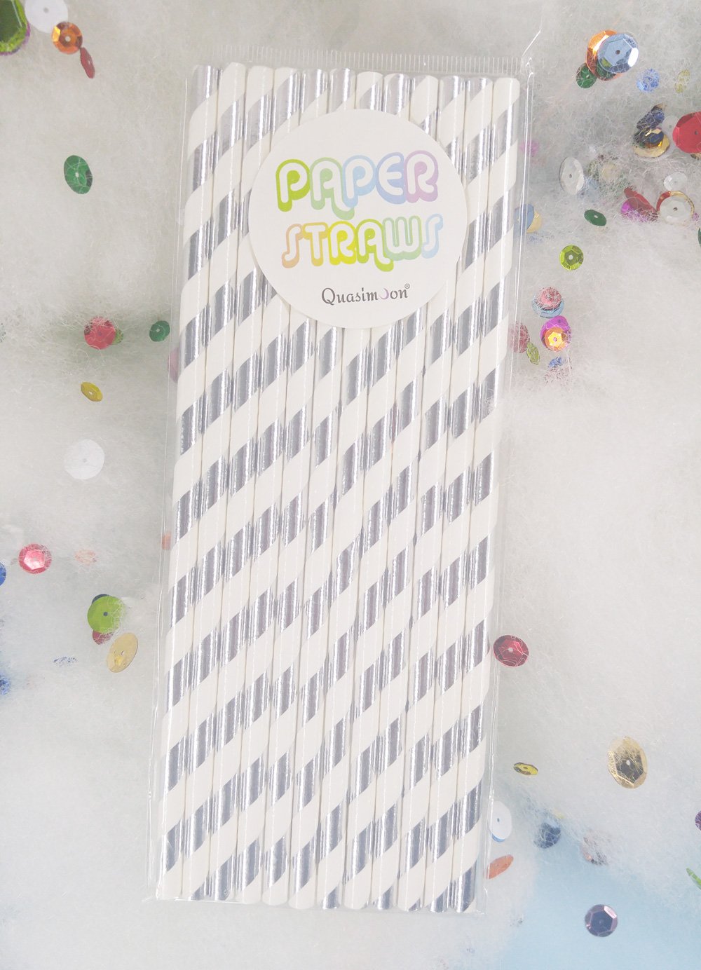 Silver Metallic Paper Straws, Striped Party Pattern (12-PACK) - PaperLanternStore.com - Paper Lanterns, Decor, Party Lights &amp; More