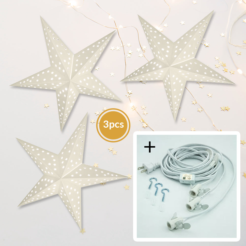 3-PACK + Cord | White Starry Night 24&quot; Illuminated Paper Star Lanterns and Lamp Cord Hanging Decorations - PaperLanternStore.com - Paper Lanterns, Decor, Party Lights &amp; More