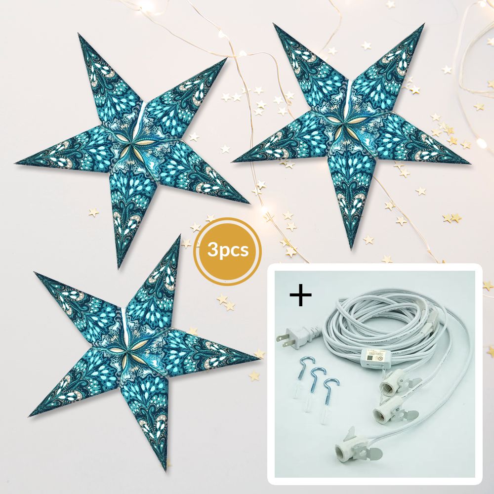 3-PACK + Cord | Turquoise Blue Heart&#39;s Desire Glitter 24&quot; Illuminated Paper Star Lanterns and Lamp Cord Hanging Decorations - PaperLanternStore.com - Paper Lanterns, Decor, Party Lights &amp; More