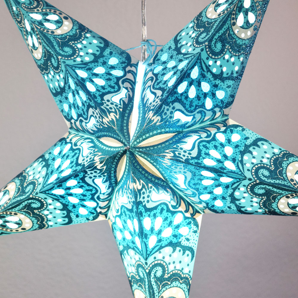 24" Turquoise Blue Heart's Desire Glitter Paper Star Lantern, Hanging - PaperLanternStore.com - Paper Lanterns, Decor, Party Lights & More